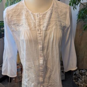 Women's Alfred Dunner White Button Down Embroidered Yoke Tuck Front Top Sz 12p